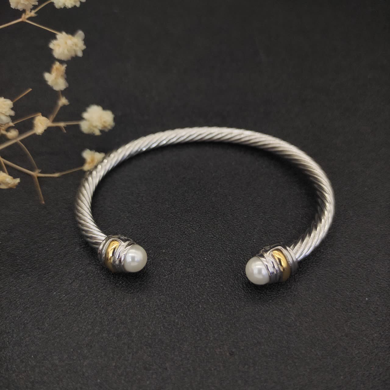 David Yurman Silver Cable Wire Bangle Bracelet with Pearl Ends